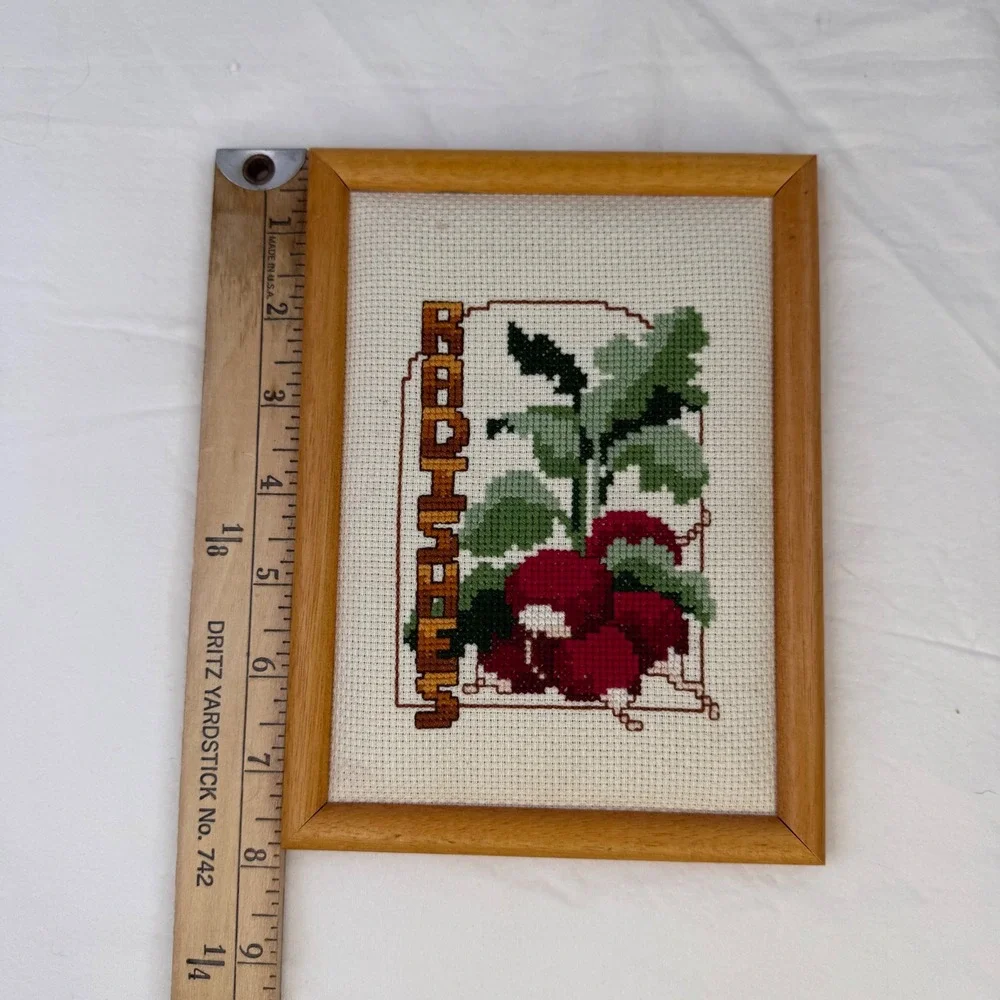 Vintage Radishes Cross Stitch Framed Wall Art Kitchen Decor Farmhouse 6x8